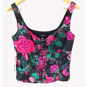 Aqua Floral Lace-Up Corset Bustier Tank Top Black Pink Roses Size Small NWT